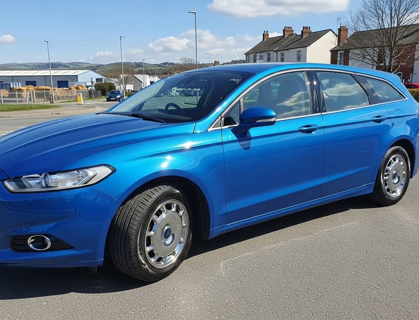 Blue Ford Focus on a Devon country lane with traditional stone walls and rolling hills, representing quality vehicle hire in Tiverton's beautiful countryside